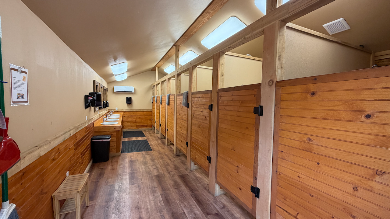 Bunkhouse bathroom and shower facility at Knott Creek Falls