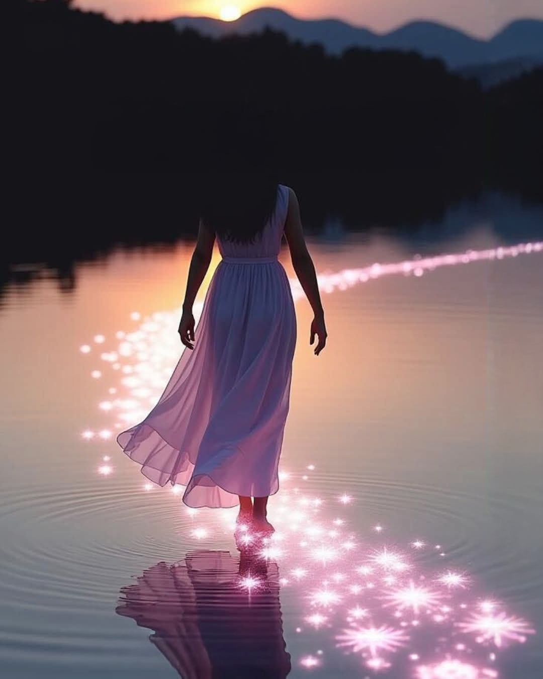 Woman reflecting by the river at golden hour
